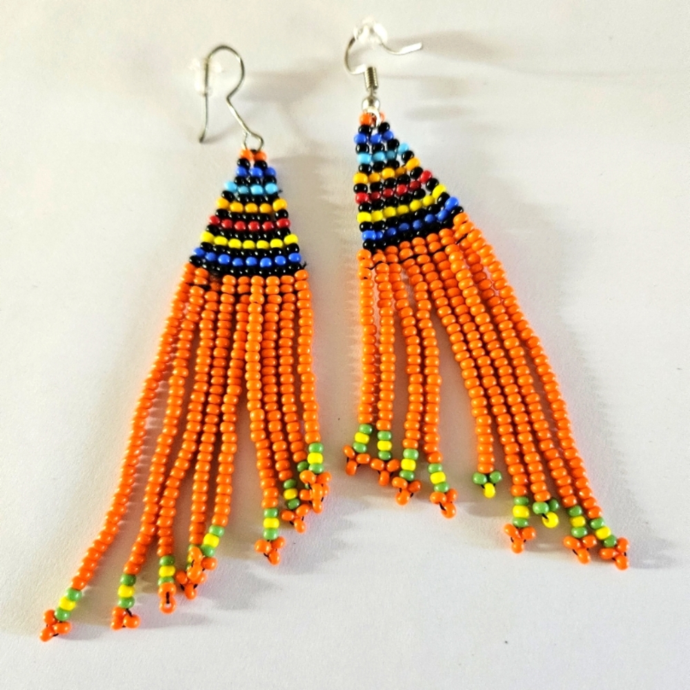 Orange dangly beaded African earrings